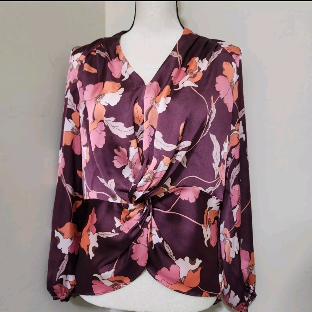 DR2 Purple Floral Twist-Front Blouse with Pink & Peach Accents